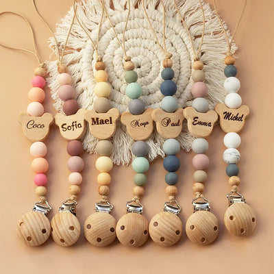 Custom Name Wooden Personalized Baby Pacifier Chain Silicone Bead Dummy Nipple Holder Guard Teether Pendant Newborn Gift Stuff