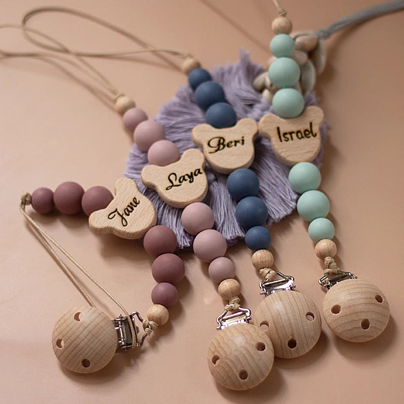 Custom Name Wooden Personalized Baby Pacifier Chain Silicone Bead Dummy Nipple Holder Guard Teether Pendant Newborn Gift Stuff