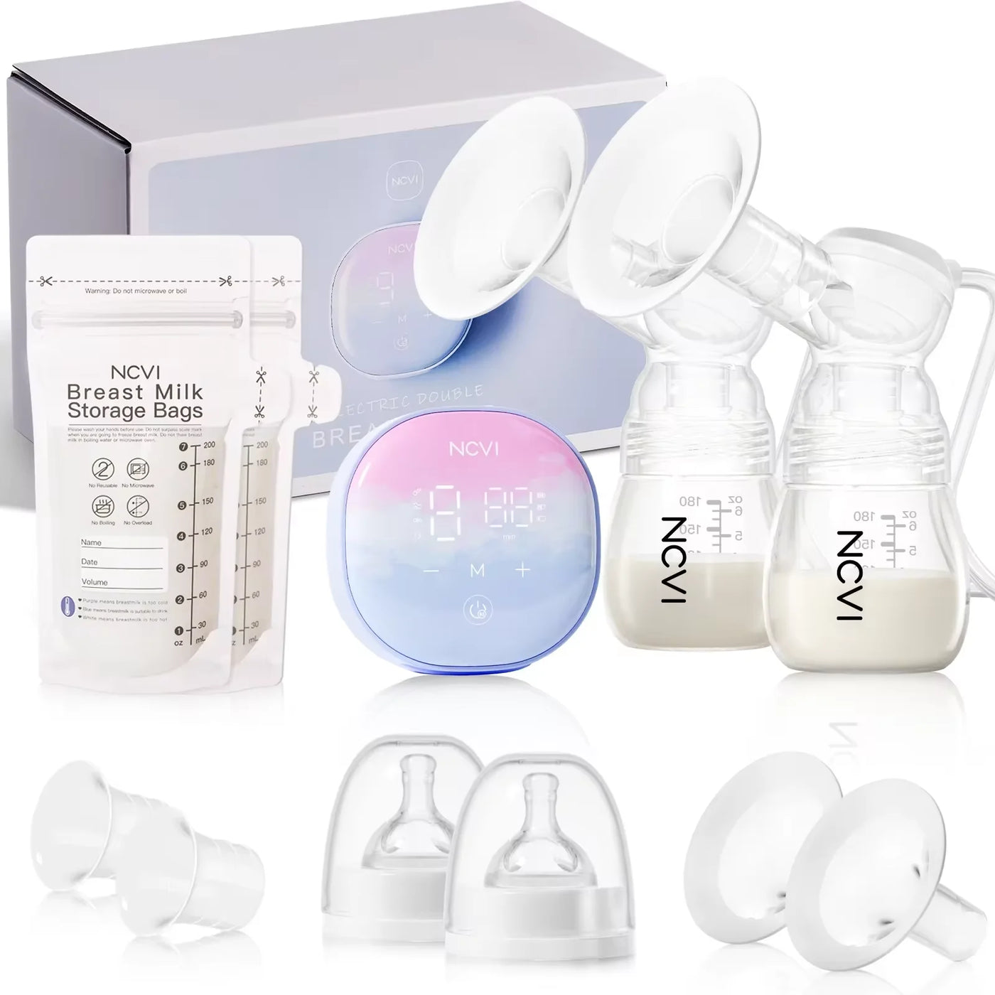 NCVI Double Electric Breast Pumps,Breast Pump Electric with 4 Modes 9 Levels,with 4 Size Flanges & 10pcs Breastmilk Storage Bags